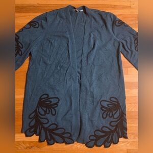Chico's Medium 1 Teal Green Cardigan Black Soutache Embroidery Floral Design